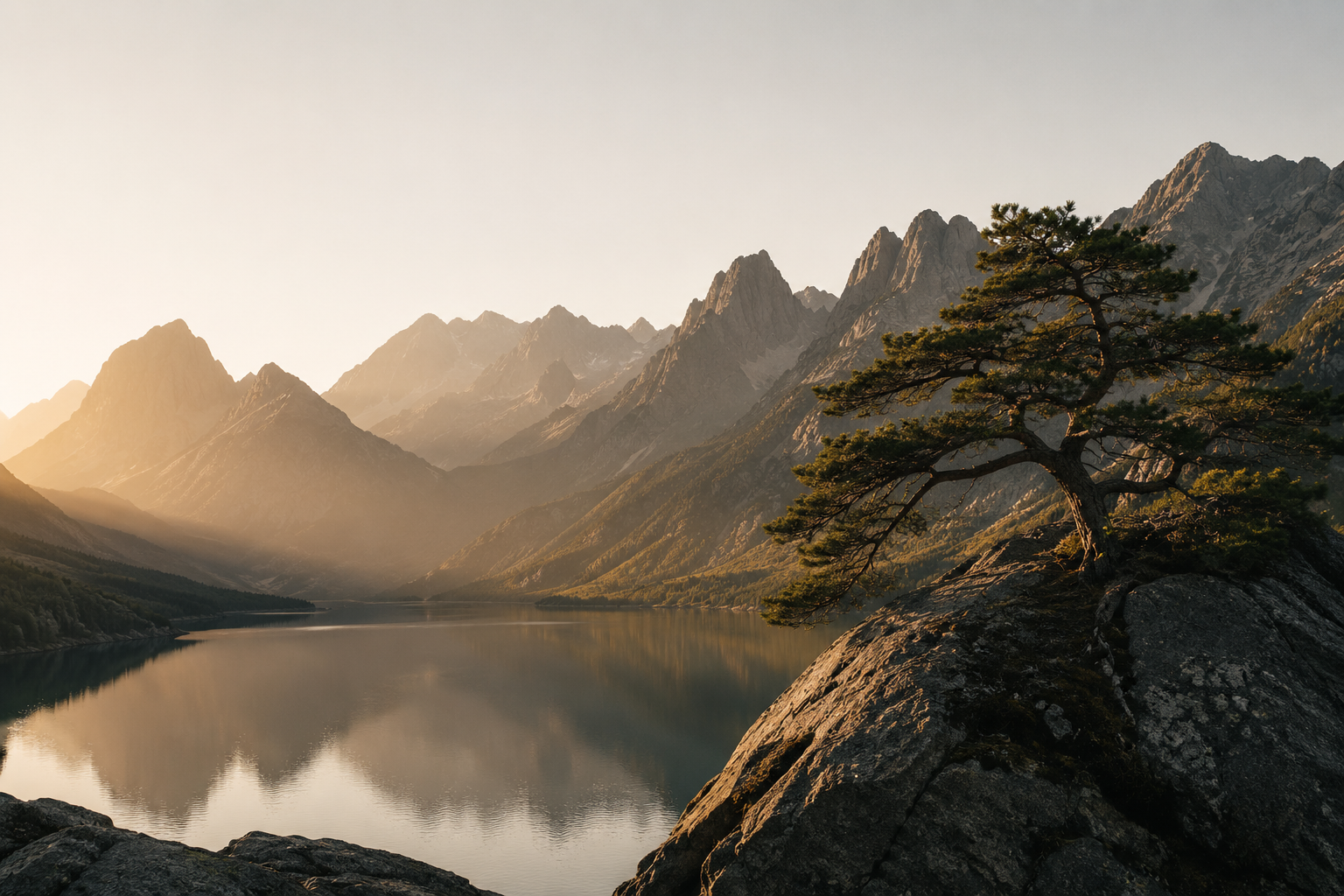Mountain lake landscape at golden hour